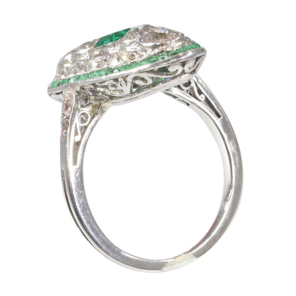 Art Deco Natural Colombian Emerald and Diamond Oval Cluster Panel Plaque Ring