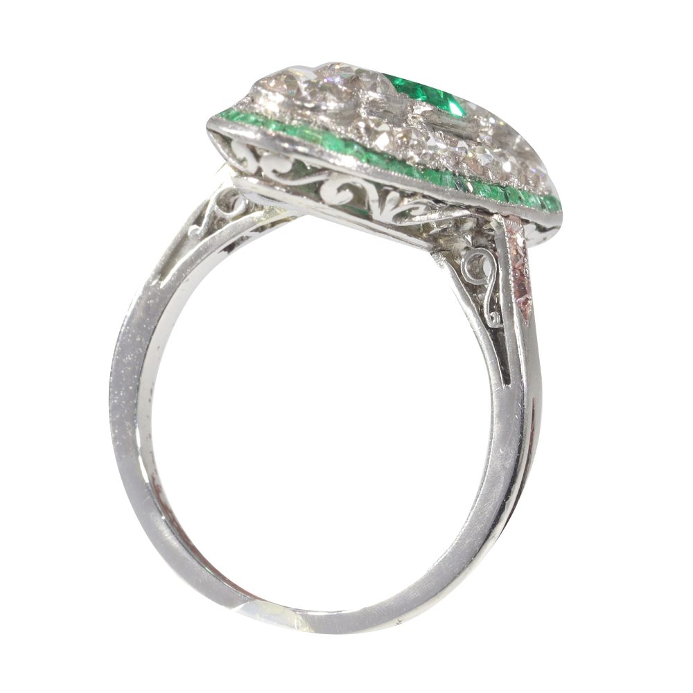 Art Deco Natural Colombian Emerald and Diamond Oval Cluster Panel Plaque Ring
