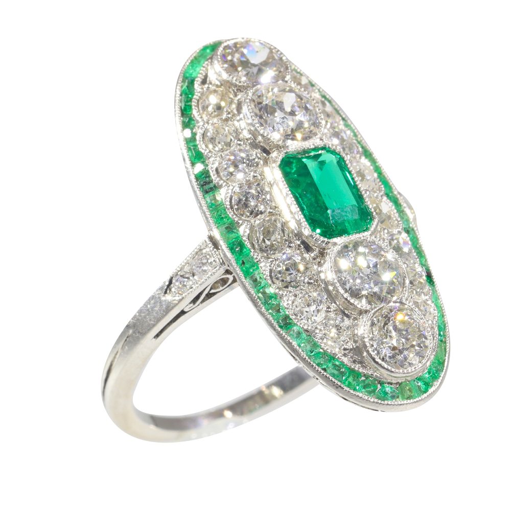 Art Deco Natural Colombian Emerald and Diamond Oval Cluster Panel Plaque Ring