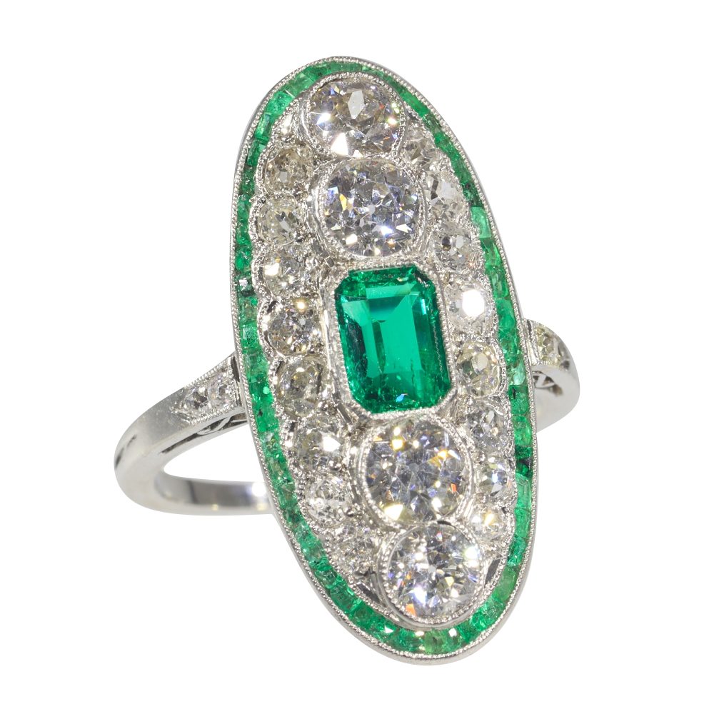 Art Deco Natural Colombian Emerald and Diamond Oval Cluster Panel Plaque Ring