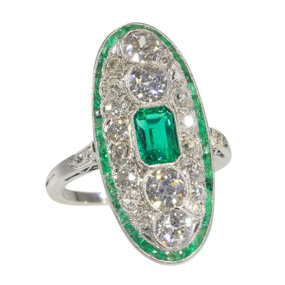 Art Deco Natural Colombian Emerald and Diamond Oval Cluster Panel Plaque Ring