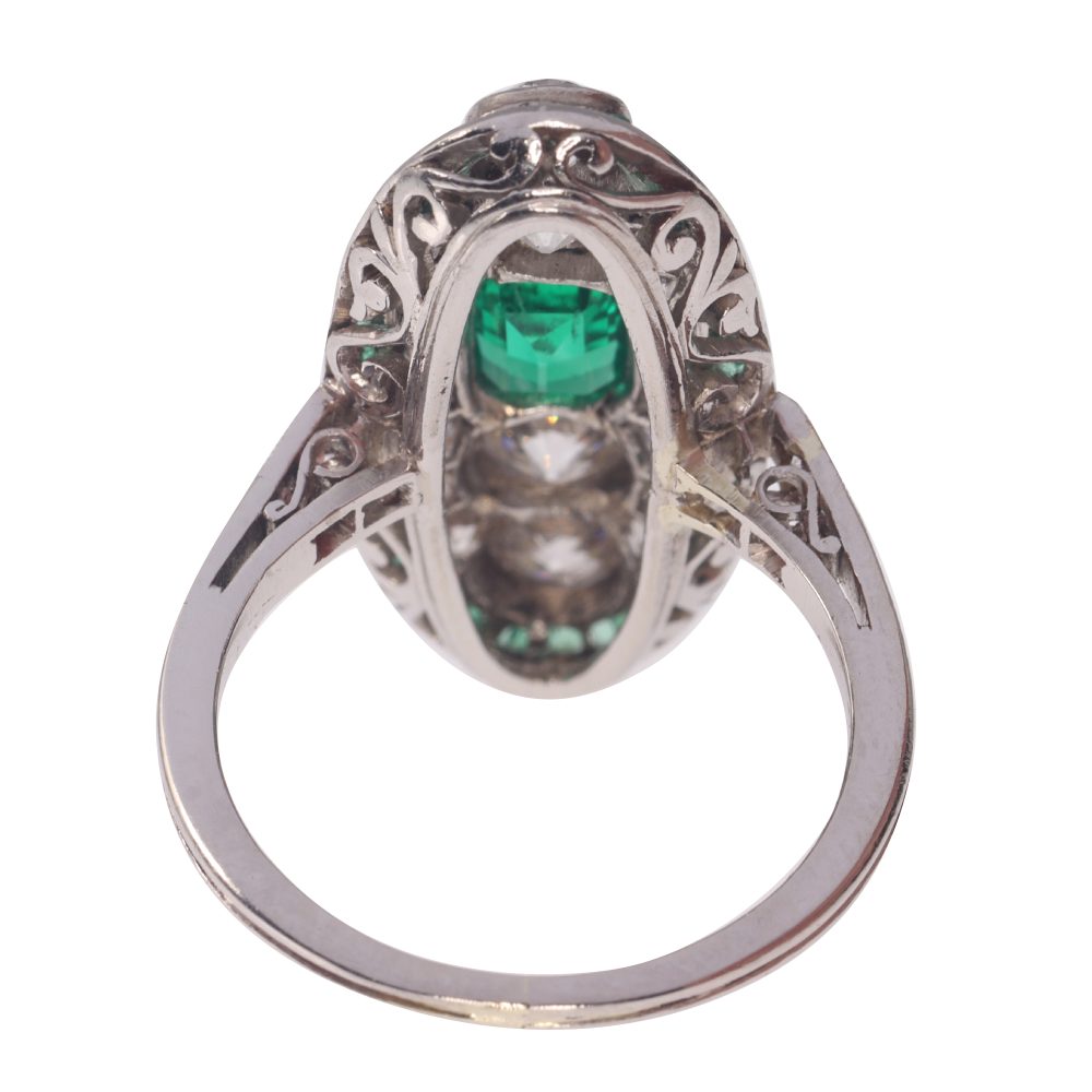 Art Deco Natural Colombian Emerald and Diamond Oval Cluster Panel Plaque Ring