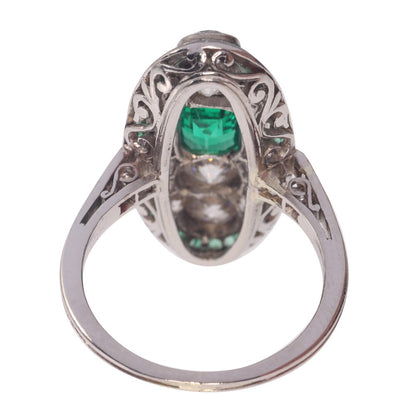 Art Deco Natural Colombian Emerald and Diamond Oval Cluster Panel Plaque Ring