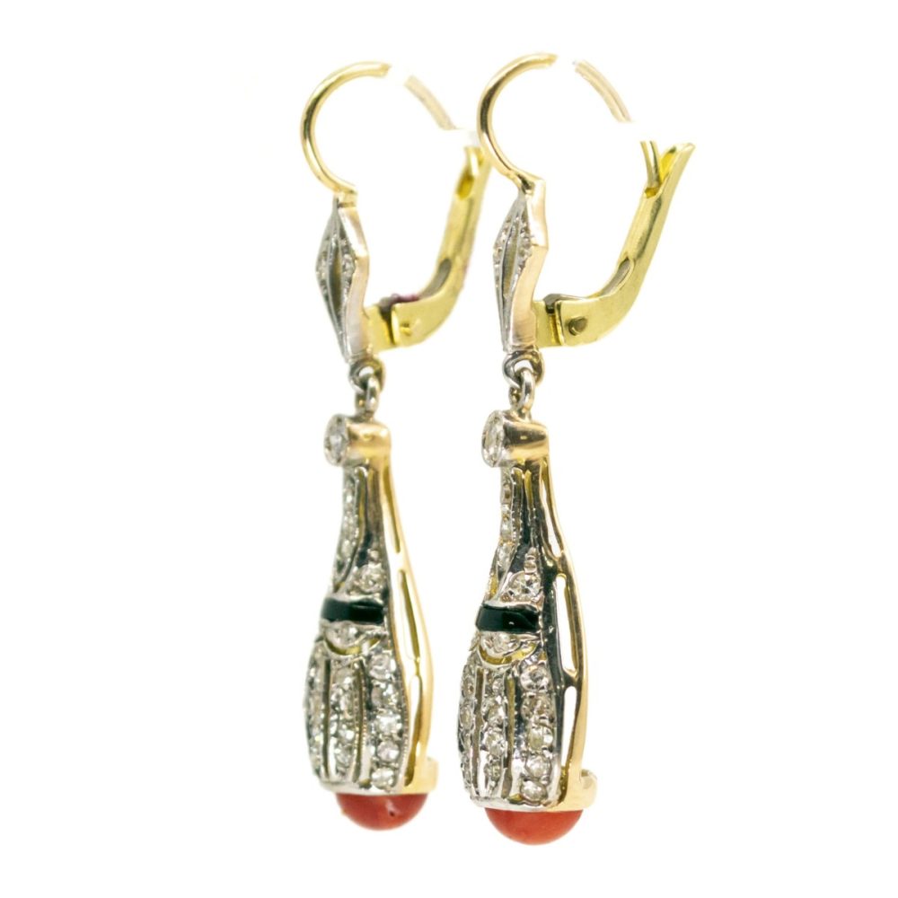 Art Deco Coral, Diamond and Onyx Gold Earrings