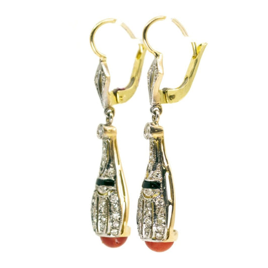 Art Deco Coral, Diamond and Onyx Gold Earrings