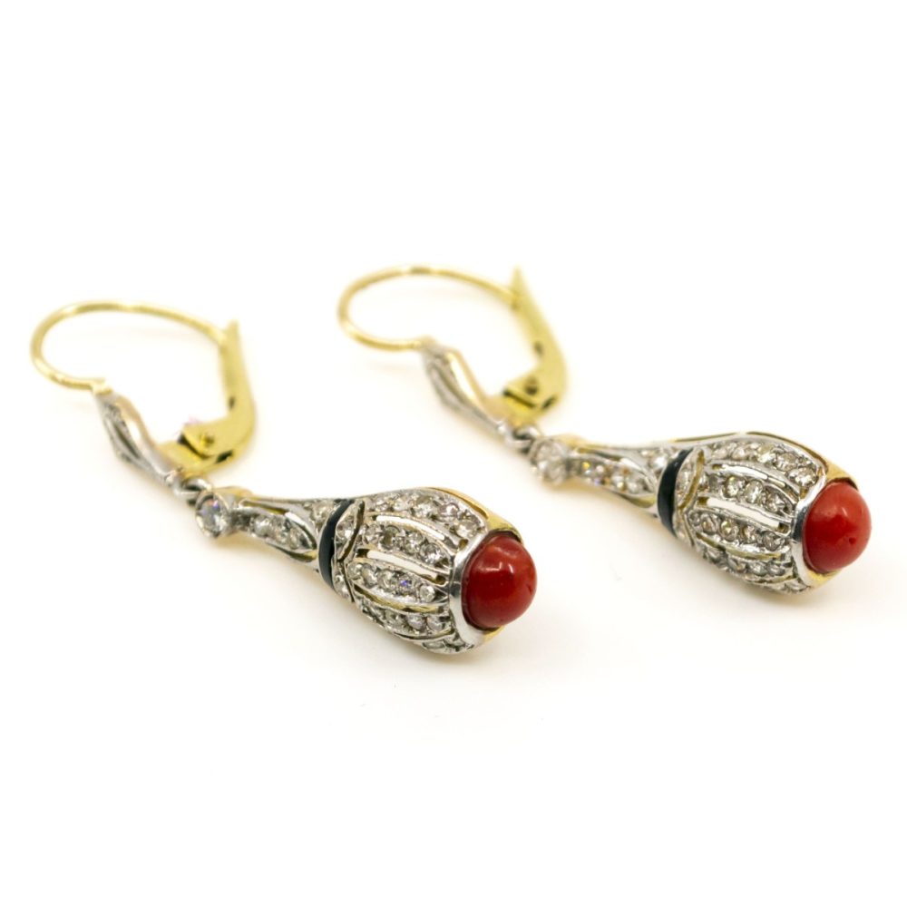 Art Deco Coral, Diamond and Onyx Gold Earrings