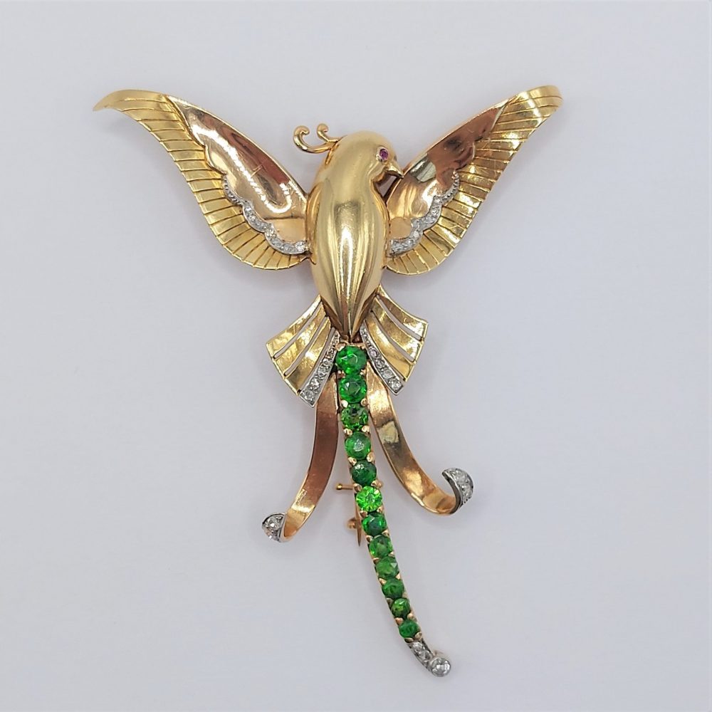 Art Deco Demantoid Garnet and Diamond Bird of Paradise Brooch