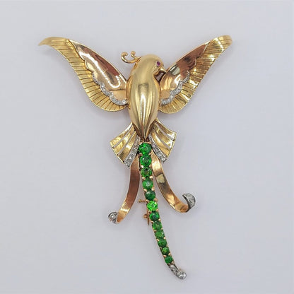Art Deco Demantoid Garnet and Diamond Bird of Paradise Brooch