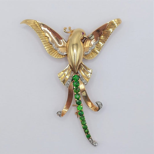 Art Deco Demantoid Garnet and Diamond Bird of Paradise Brooch