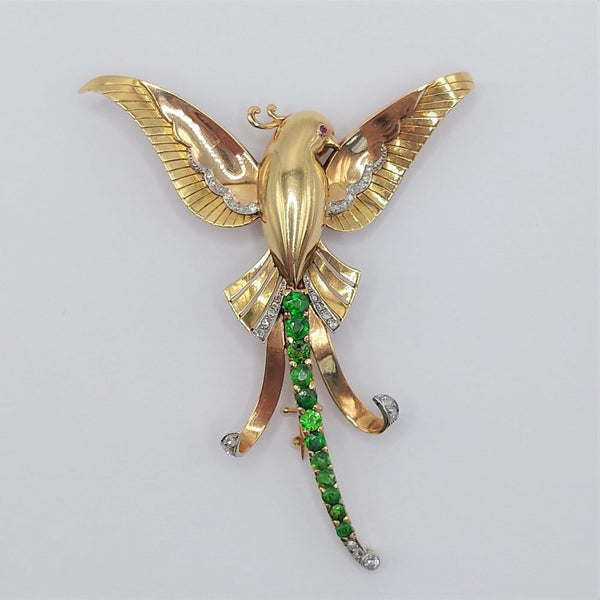 Art Deco Demantoid Garnet and Diamond Bird of Paradise Brooch