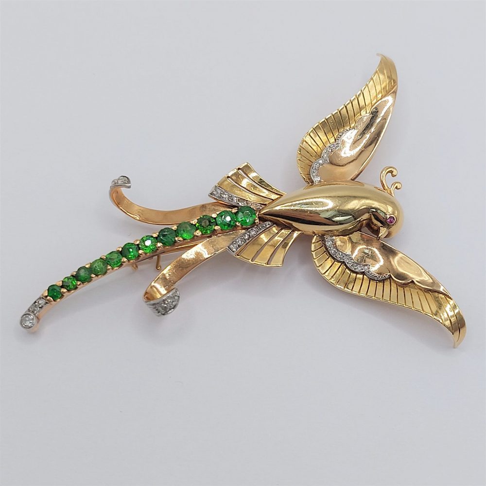 Art Deco Demantoid Garnet and Diamond Bird of Paradise Brooch