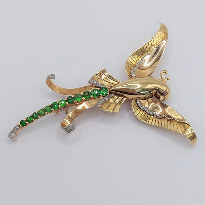 Art Deco Demantoid Garnet and Diamond Bird of Paradise Brooch