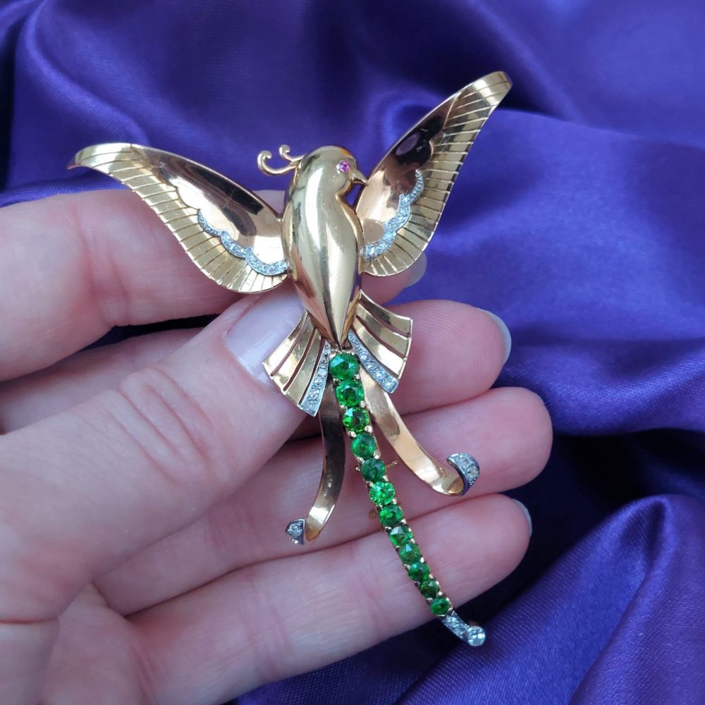 Art Deco Demantoid Garnet and Diamond Bird of Paradise Brooch