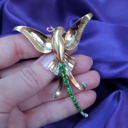 Art Deco Demantoid Garnet and Diamond Bird of Paradise Brooch
