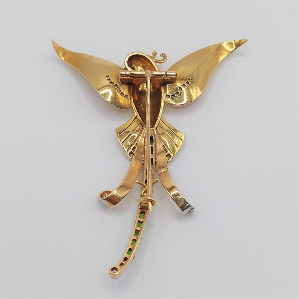 Art Deco Demantoid Garnet and Diamond Bird of Paradise Brooch