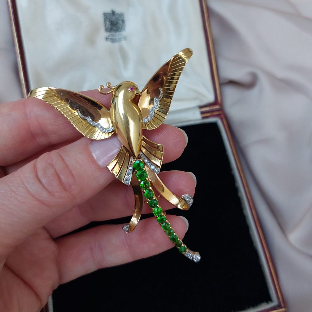 Art Deco Demantoid Garnet and Diamond Bird of Paradise Brooch