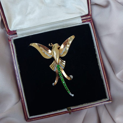 Art Deco Demantoid Garnet and Diamond Bird of Paradise Brooch