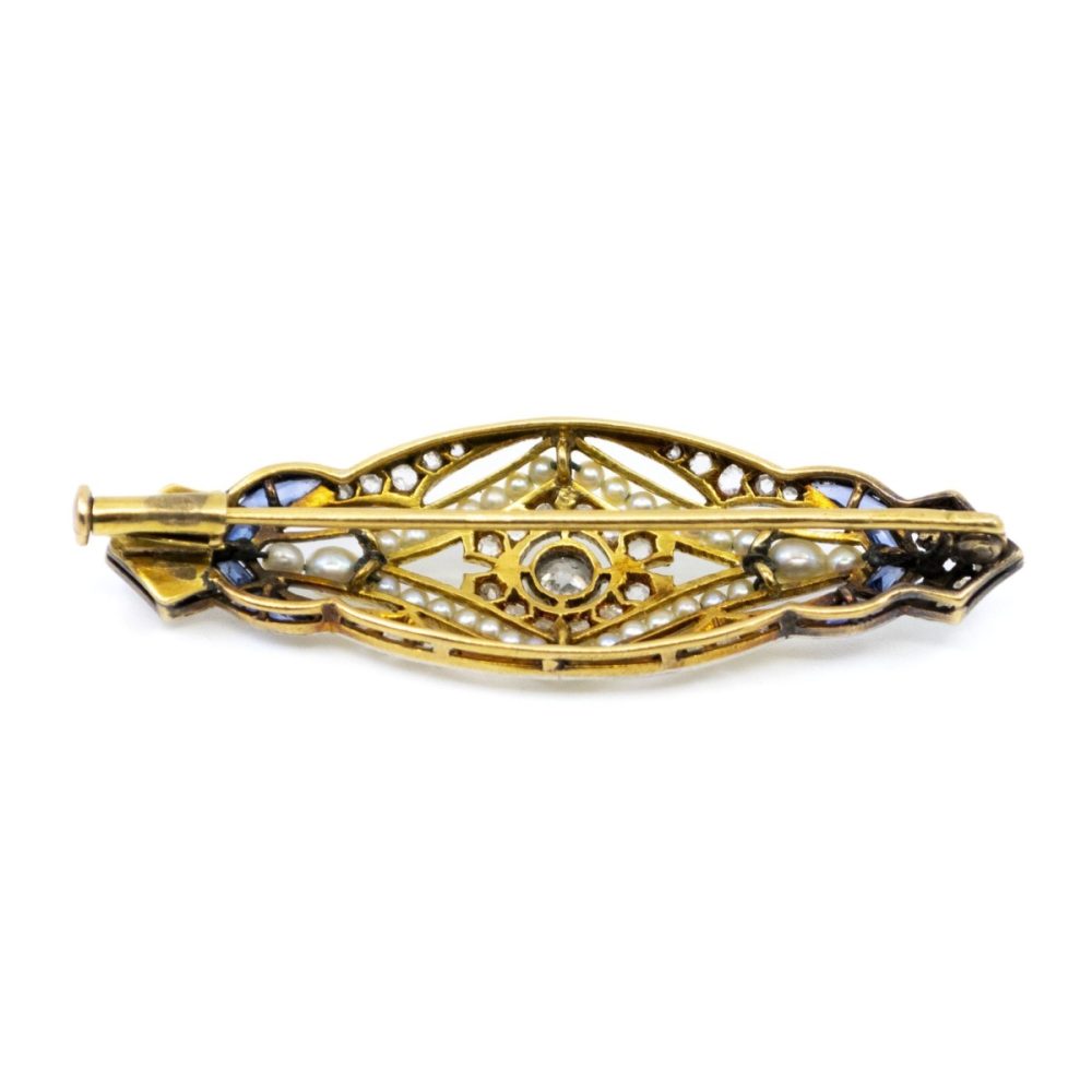 Art Deco Diamond, Pearl and Sapphire Brooch BB2