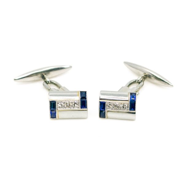 Art Deco Diamond, Sapphire, Platinum Cufflinks BB2
