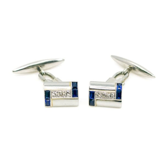 Art Deco Diamond, Sapphire, Platinum Cufflinks BB2