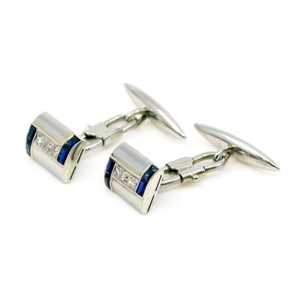 Art Deco Diamond, Sapphire, Platinum Cufflinks BB3