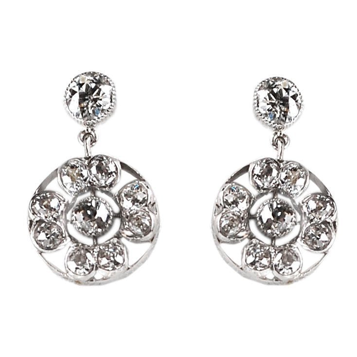 Vintage Open Work Diamond and Platinum Cluster  Earrings, 1.80 carats