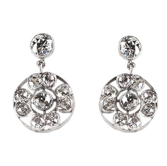 Vintage Open Work Diamond and Platinum Cluster  Earrings, 1.80 carats