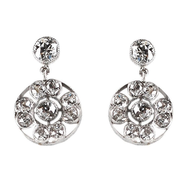 Vintage Open Work Diamond and Platinum Cluster  Earrings, 1.80 carats