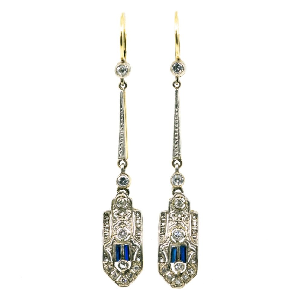 Art Deco Diamond and Sapphire Drop Earrings