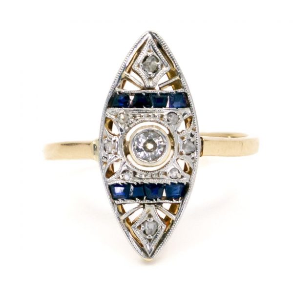 Art Deco Diamond and Sapphire Navette Shaped Gold Ring