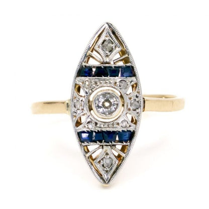 Art Deco Diamond and Sapphire Navette Shaped Gold Ring