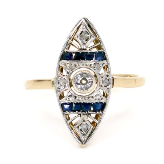 Art Deco Diamond and Sapphire Navette Shaped Gold Ring