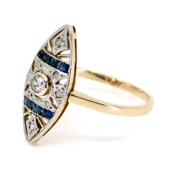 Art Deco Diamond and Sapphire Navette Shaped Gold Ring