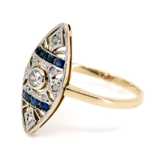 Art Deco Diamond and Sapphire Navette Shaped Gold Ring
