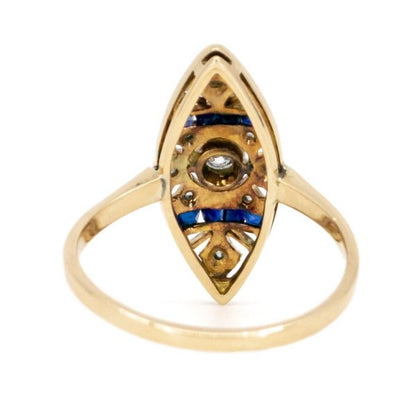Art Deco Diamond and Sapphire Navette Shaped Gold Ring