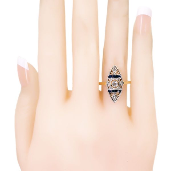 Art Deco Diamond and Sapphire Navette Shaped Gold Ring