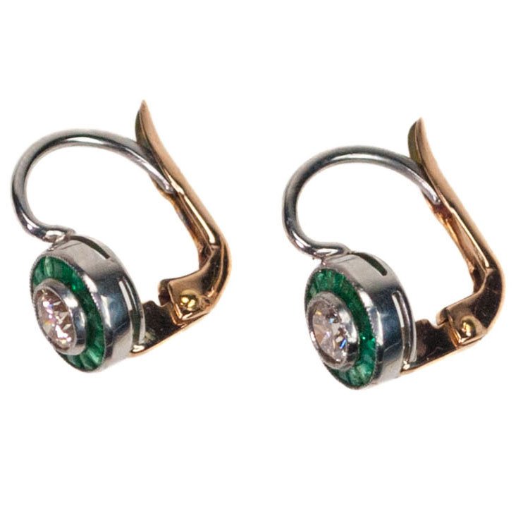 Art Deco Style Emerald and Old Cut Diamond Target Earrings