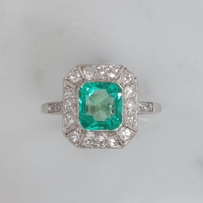 Art Deco Emerald and Diamond Square Engagement Ring