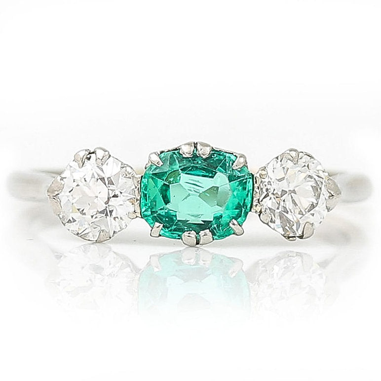 Art Deco Emerald and Old Cut Diamond Three Stone Engagement Ring