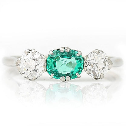 Art Deco Emerald and Old Cut Diamond Three Stone Engagement Ring
