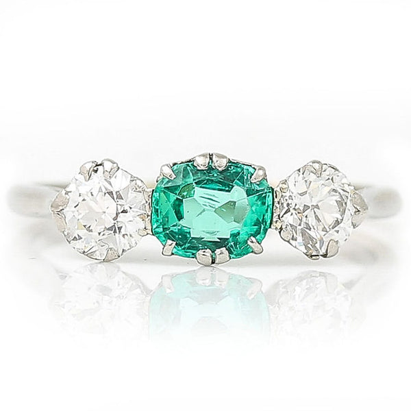 Art Deco Emerald and Old Cut Diamond Three Stone Engagement Ring