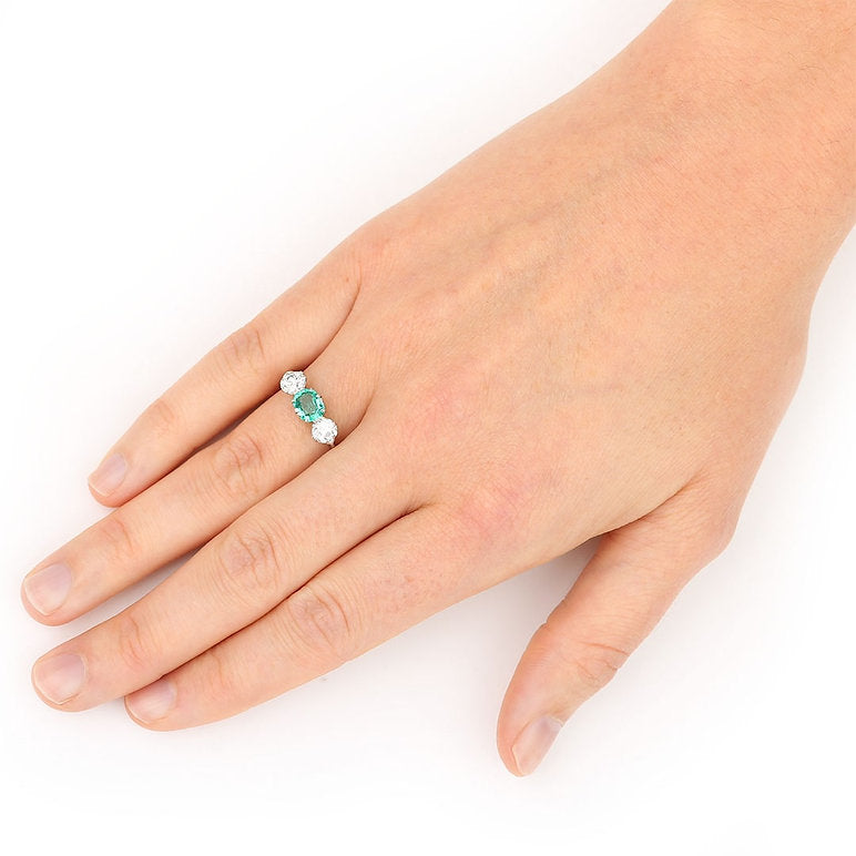 Art Deco Emerald and Old Cut Diamond Three Stone Engagement Ring