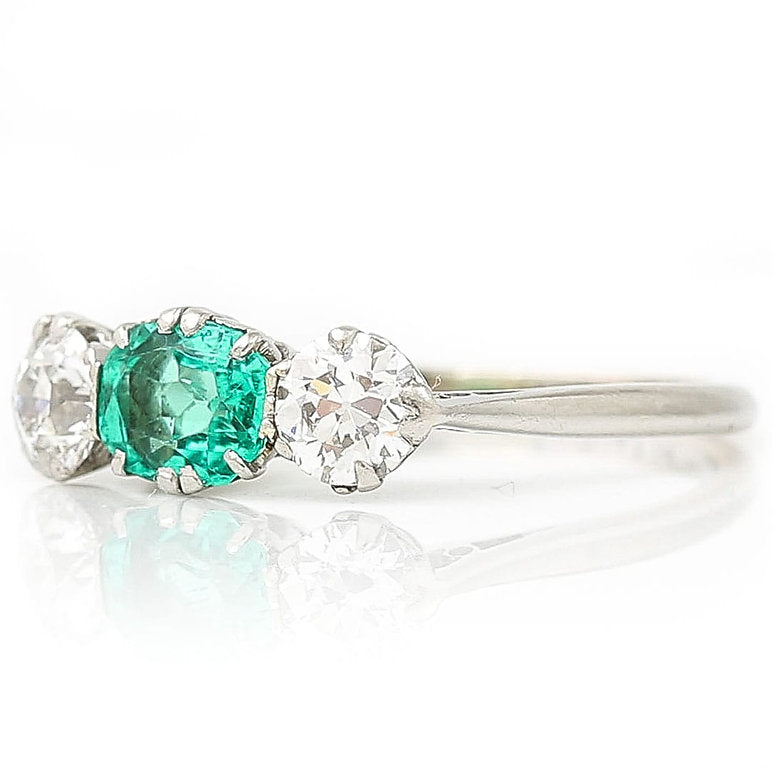 Art Deco Emerald and Old Cut Diamond Three Stone Engagement Ring in Platinum