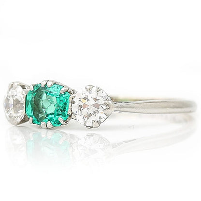 Art Deco Emerald and Old Cut Diamond Three Stone Engagement Ring in Platinum
