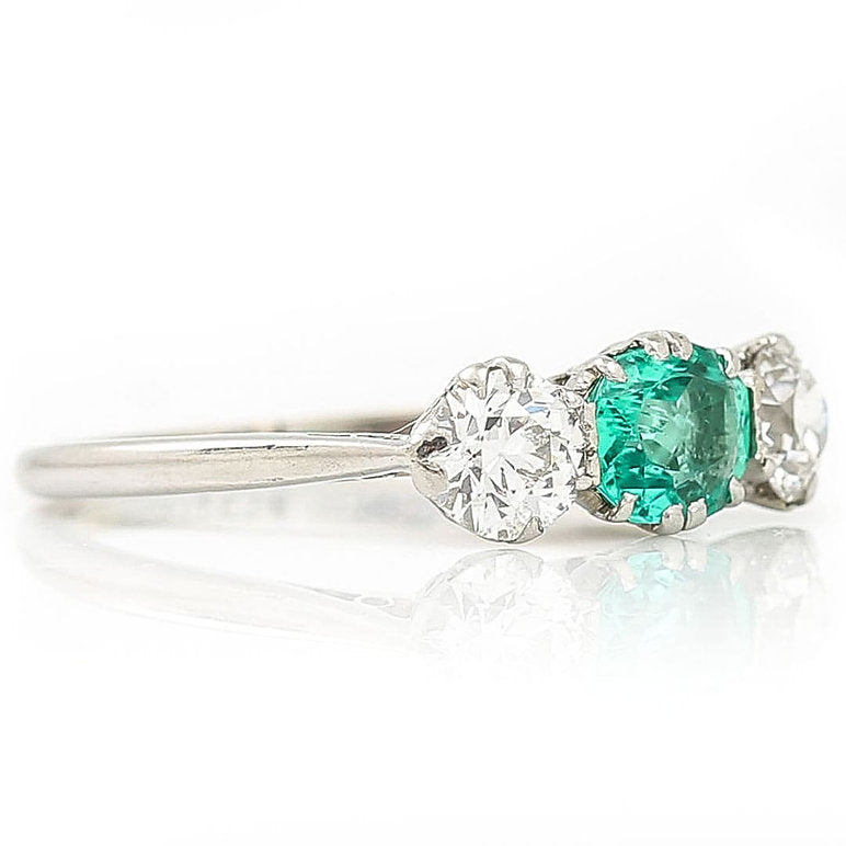 Art Deco Emerald and Old Cut Diamond Three Stone Engagement Ring in Platinum