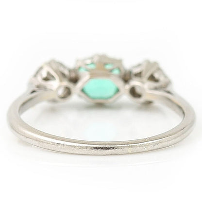 Art Deco Emerald and Old Cut Diamond Trilogy Engagement Ring in Platinum