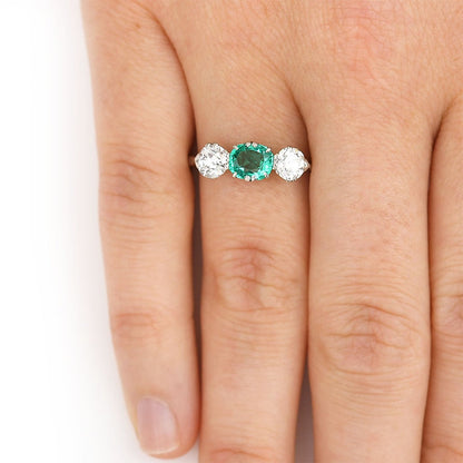 Art Deco Emerald and Old Cut Diamond Trilogy Engagement Ring