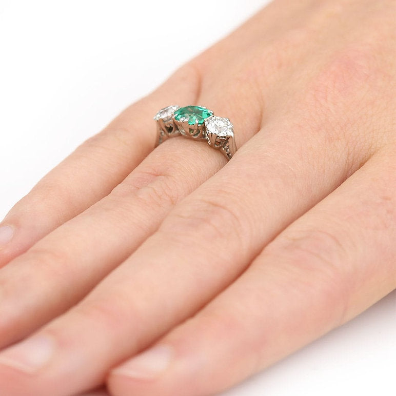 Art Deco Emerald and Old Cut Diamond Trilogy Engagement Ring
