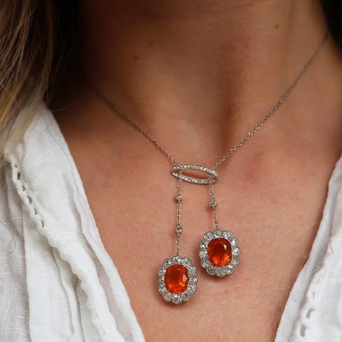 Garrards Art Deco Fire Opal and Diamond Negligee Pendant Necklace and Earrings Set