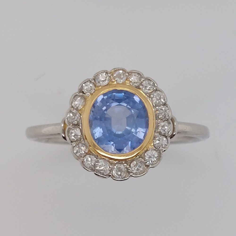 Art Deco French 1ct Sapphire and Diamond Cluster Ring